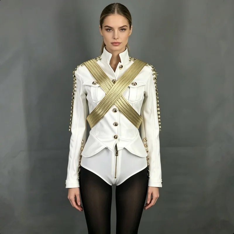 Women's Black White Rivet Leather Jacket And Shorts Dance Outfit Jazz Dance Costume DJ Singer Dancer Bar Performance Stage Wear