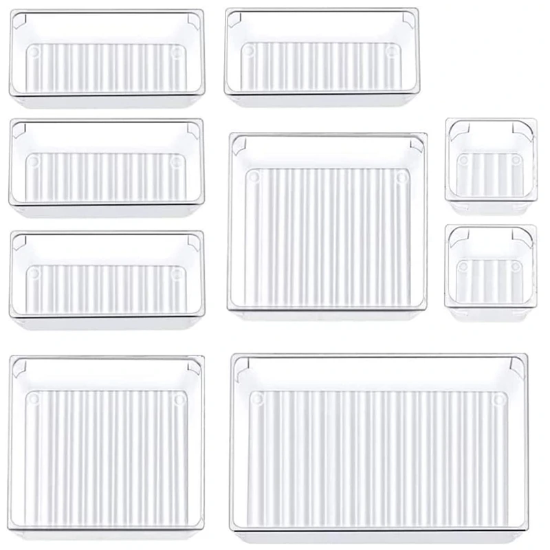 9 Pcs Clear Drawer Organizer Trays 4-Size Drawer Dividers, Versatile Storage Boxes Makeup Organiser Set