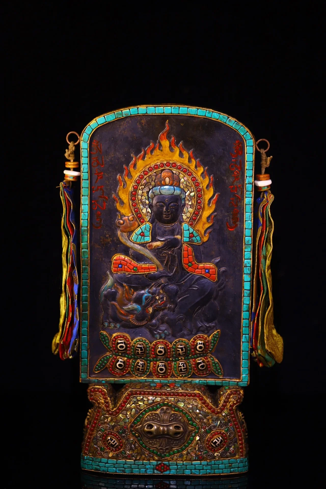 

15"Tibetan Temple Collection Old Meteorite Painted Mosaic Gem gZi Beads Shell Royal Dragon Ruyi Guanyin Buddha Buddhist Niche