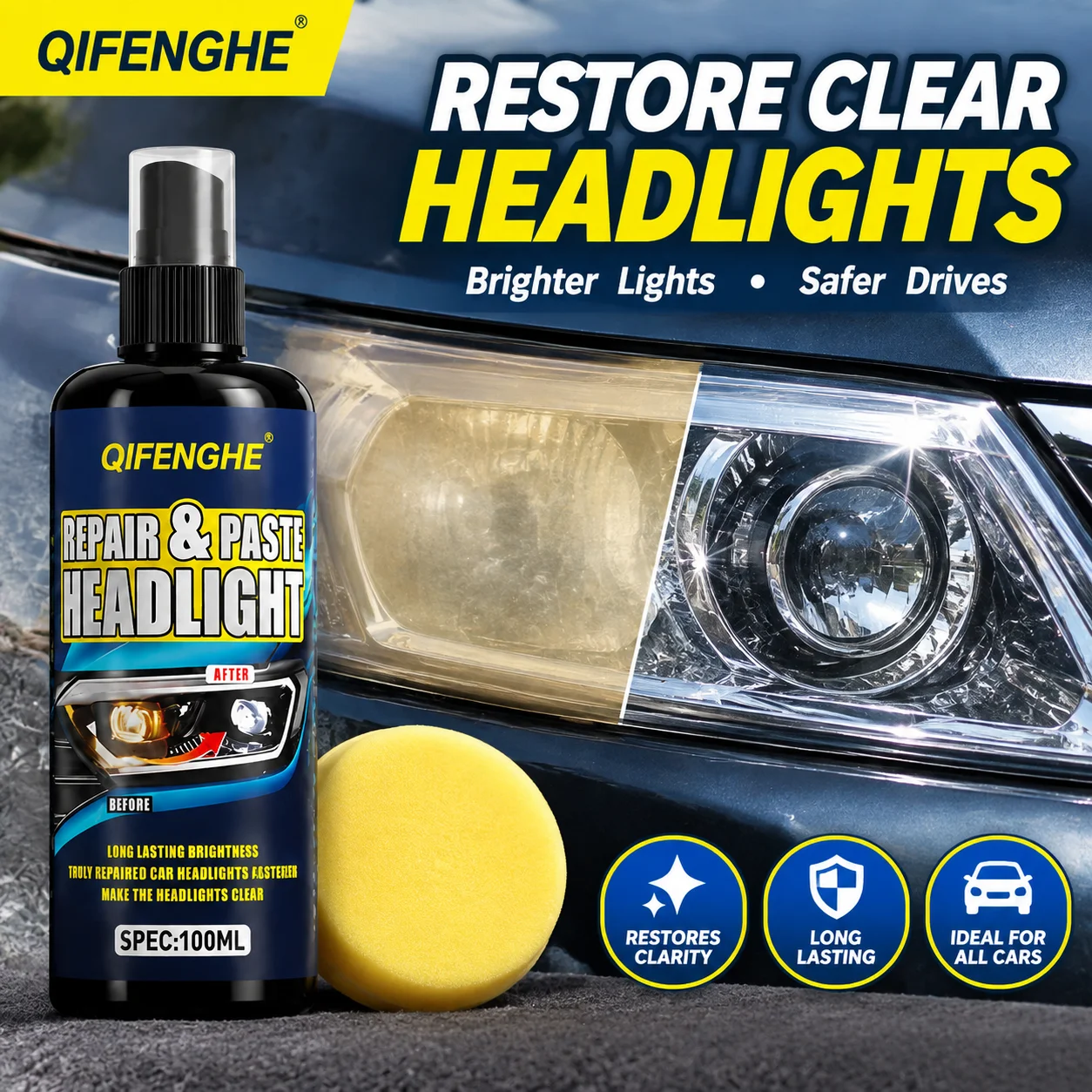 Headlight Restoration Spray Repair Yellowed Foggy Lenses Polish and Protect Car Headlight Surface