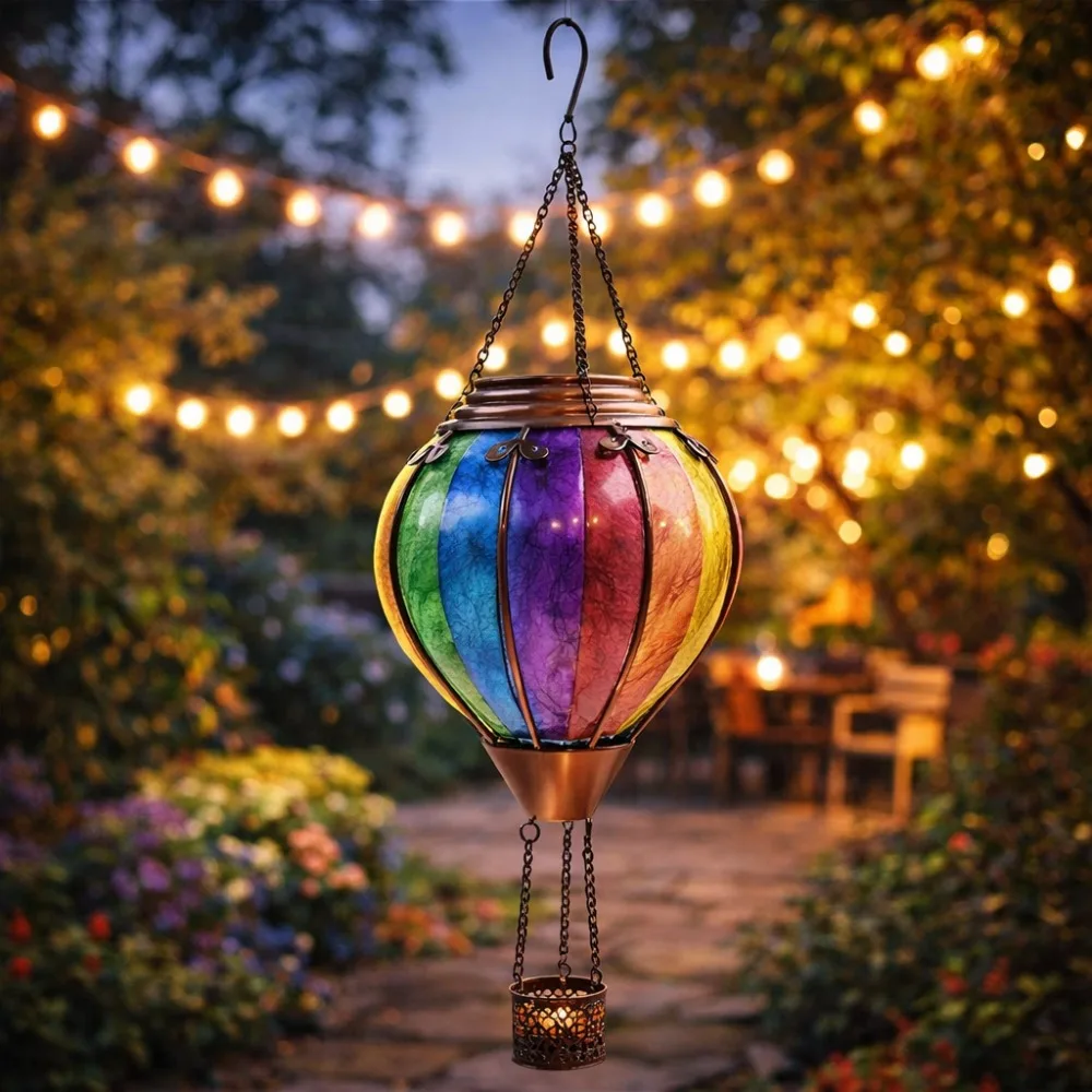Lanterne solaire en forme de montgolfière avec verre coloré et effet de flamme vacillante, lumière suspendue étanche à allumage/extinction automatique pour jardin et terrasse – Idéale pour une ambiance romantique dans les arbres, la décoration de soirées et l'éclairage festif sans fil.