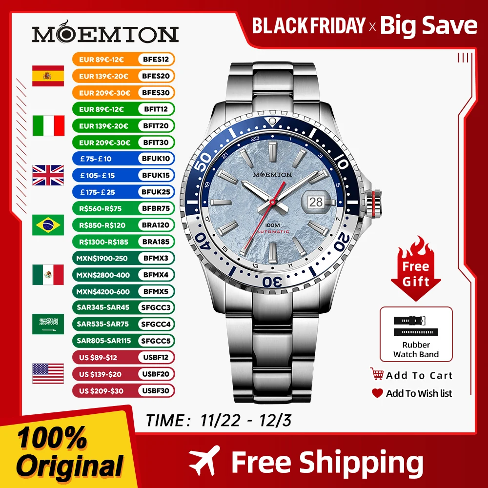 MOEMTON Men's mechanical watch 10bar waterproof Fashion leisure diving watch steel strip M122.BSSA01