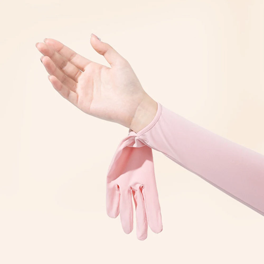 Summer UV Protection Long Arm Sleeve With Full Finger Gloves For Women Ice Silk Sunscreen Arm Cover Outdoor Riding Long Gloves