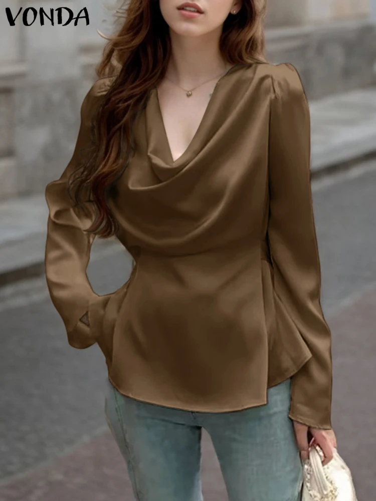 

Plus Size 5XL VONDA Women Satin Silk Blouses 2024 Elegant Long Sleeve Tops Casual Pile Collar Blusas Solid Pullover Lady Office