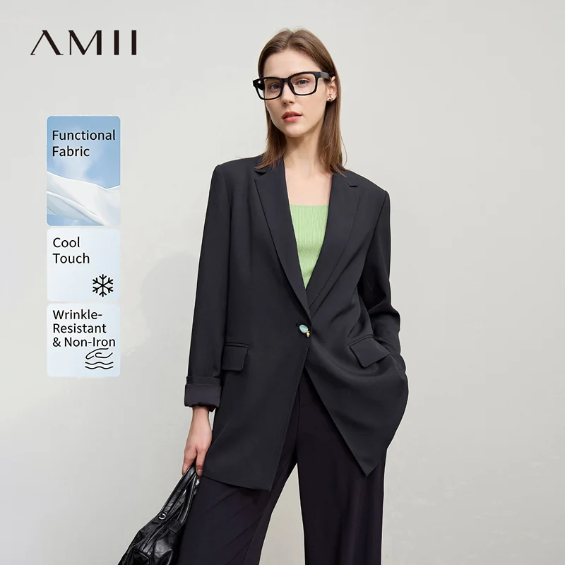 Amii Women's Jacket 2026 Autumn New Commuter Button Shoulder Pad Suit Loose Anti-wrinkle Medium And Long Blazer Top 12611021