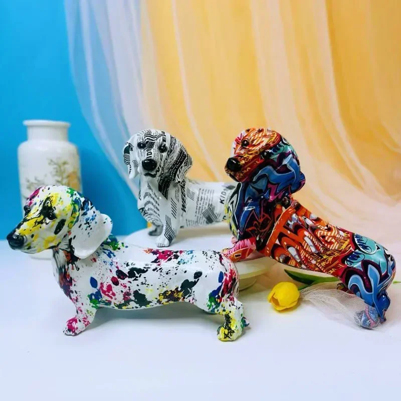 Vilead Painted Dachshund Figurines Dog Statue Sculpture Modern Pop Art Bedroom Living Room Desk Interior Decoration Accessories