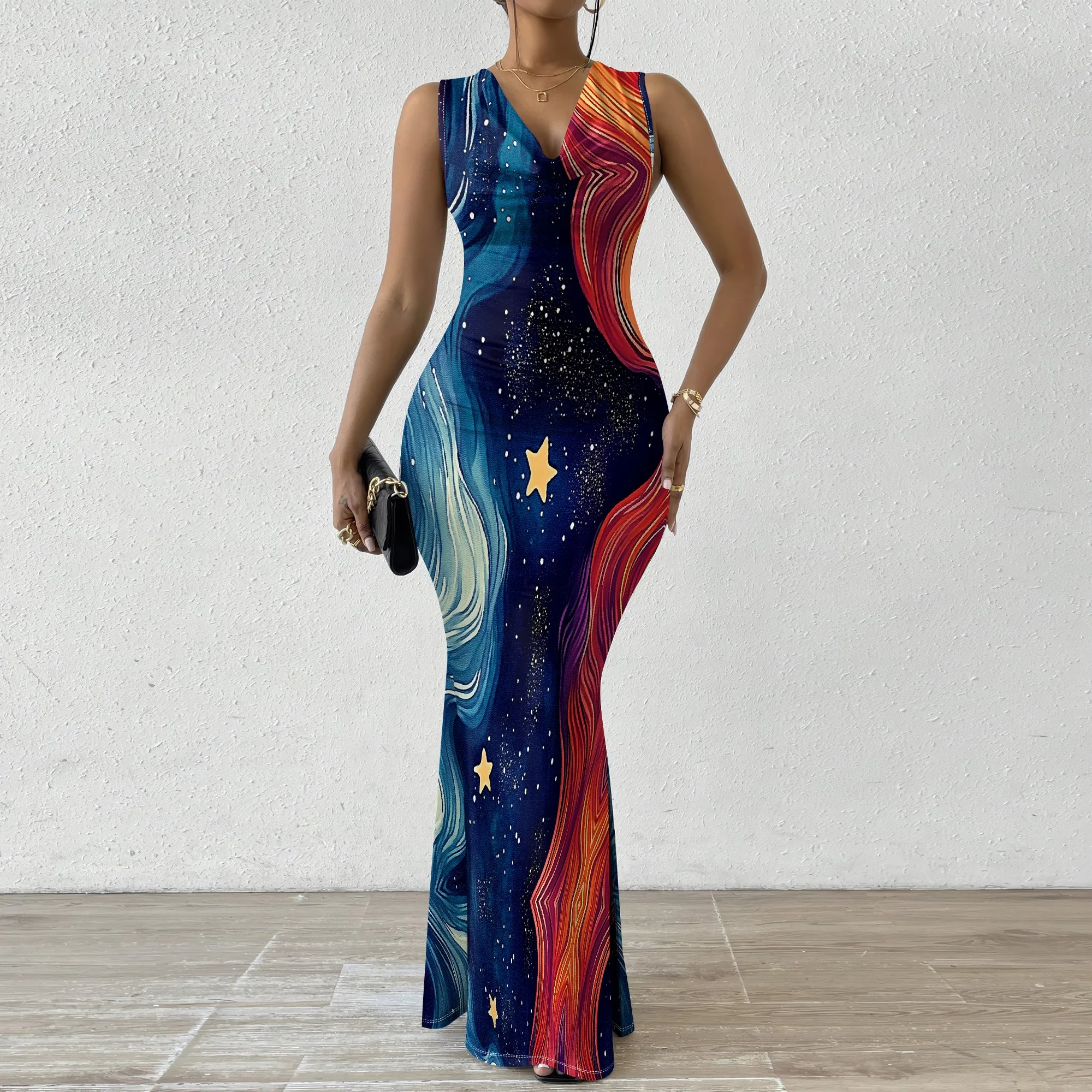 

Galaxy Star Print Mermaid Maxi Dress XS‑2XL Sleeveless Draped Neck Style for Pride Party, Night Out or Cosmic Festival Look