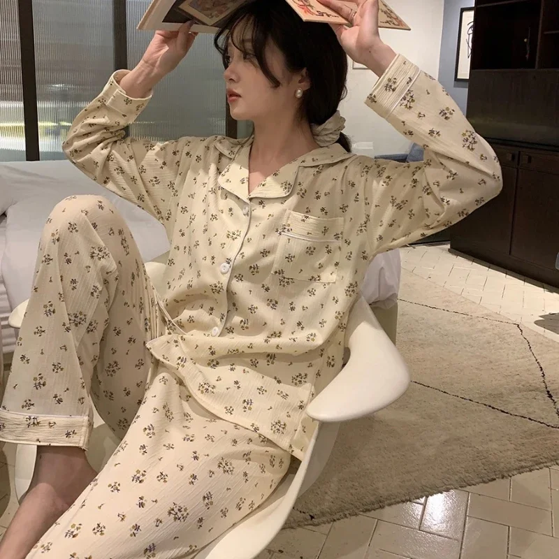 

Pajama Sets Women Elegant Plain Clean Novel Fashionable Korean Style Long Sleeve Lively Turn-down Collar All-match Breathable
