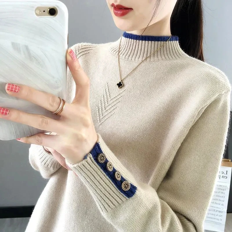 Autumn Winter New Korean Warm Half High Collar Knitted Sweater Women Oversized Casual Fashion Pullovers Loose Button Female Tops