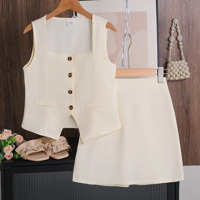 Girl's suit 2025 summer new Murad niche fashion suit sleeveless waistcoat casual short skirt two-piece set 130-170CM