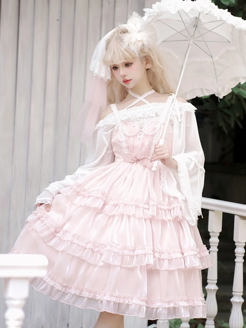 Love Organza ~ Sweet Lolita JSK Dress Tiered Cute Mini Party Dress Gothic Y2k Pink Princess Dresses