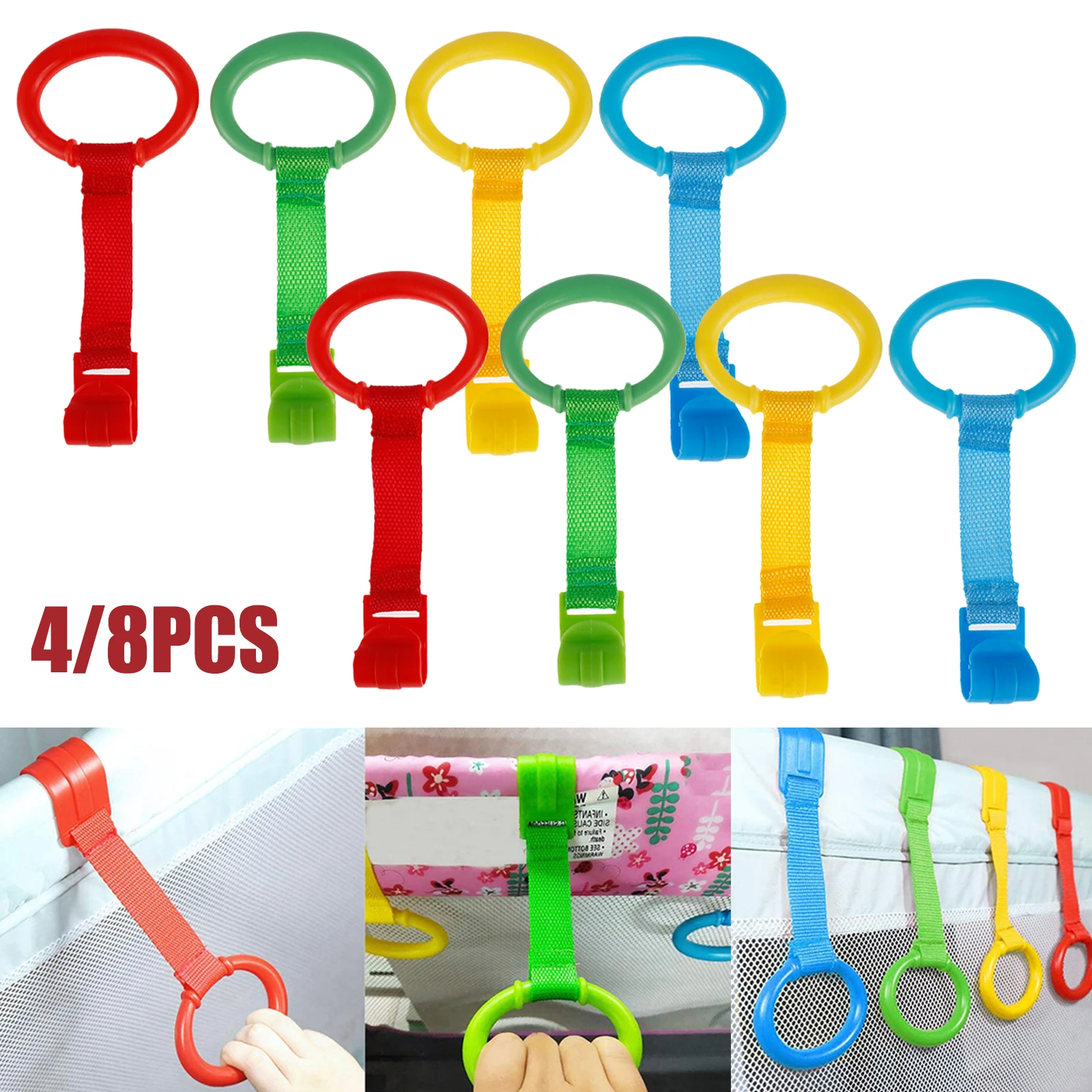 4/8 قطعة سرير الطفل حلقة سحب روضة سرير عربة حلقة الطفل تعلم الوقوف اليد حلقة سحب حلقة معلقة سرير طفل طفل حلقة سحب