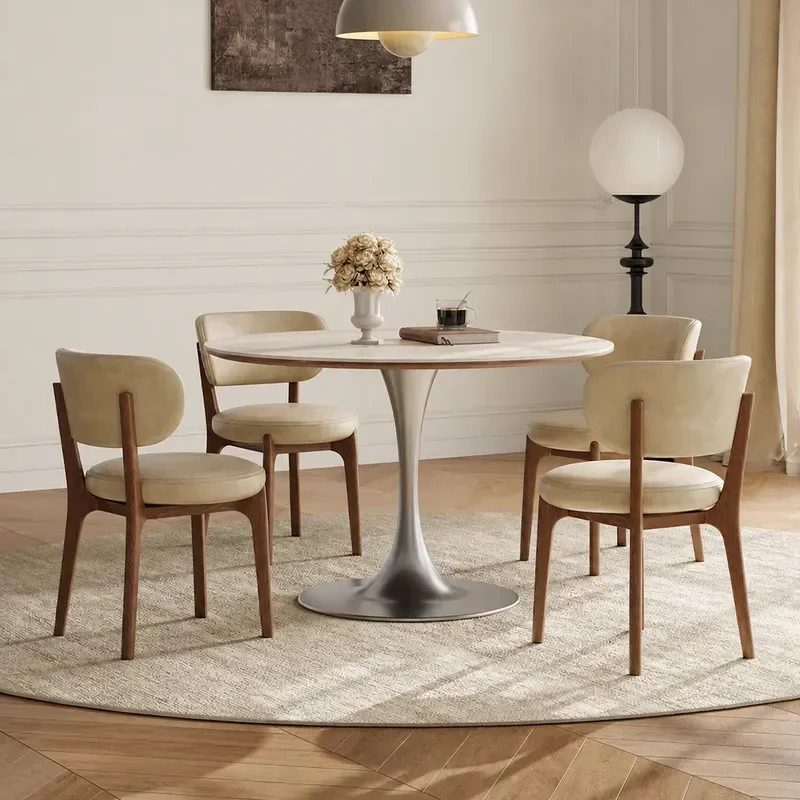 French Travertine Round Dining Table Medium Antique Retro Style Small Apartment Simple Design with Chairs Combination