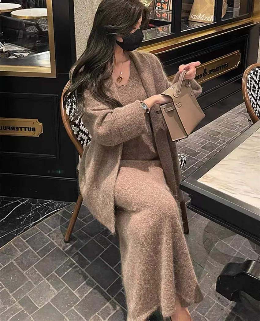 New Lazy Style Autumn Winter Knitted Two Piece Set Women Soft Mohair Knitted Lace Up Belt Loose Cardigan + Vest Long Dress Suit