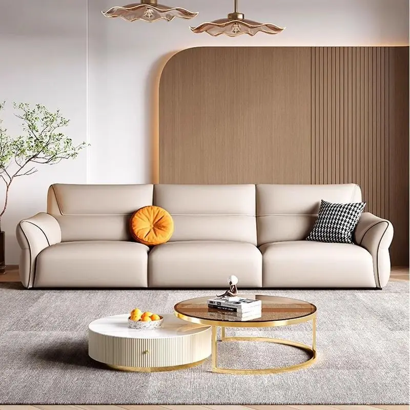 New Italian minimalist leather sofa cream wind straight row small apartment living room office modern simple solid wood group