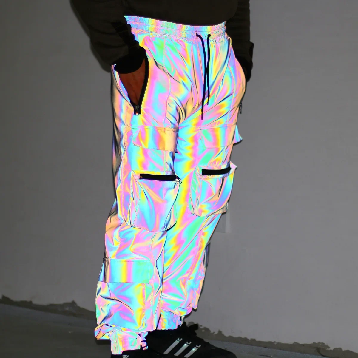 Techwear Multi-pockets Colorful Reflective Cargo Pants Mens Nightclub Hip Hop Reflective Joggers Japanese Streetwear Pants