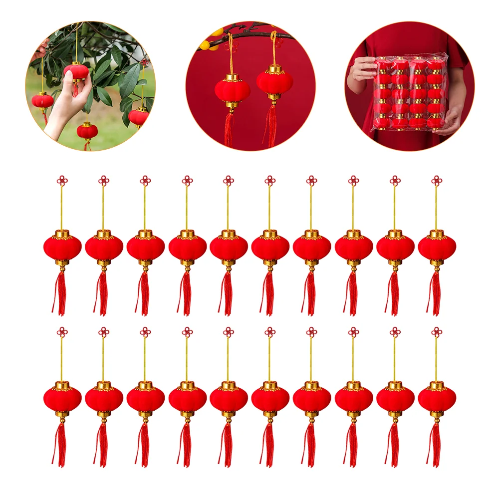 20 Pcs Small Lantern Hanging Lanterns Spring Festival Decorations Flocking Ornaments New Year Cloth Indoor