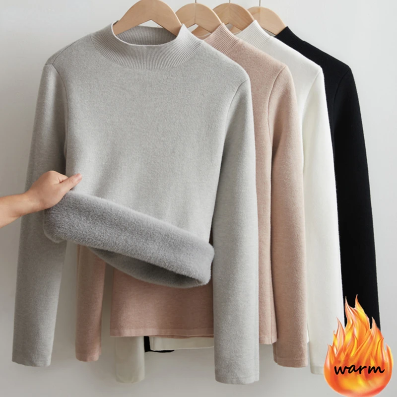 

Half Turtleneck Sweater Women's Winter Warm Knit Pullover Big Size 4xl Poleras Plush Lined Knitwear Top Thick Slim Swetry N527