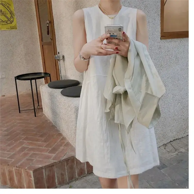 Summer New Round Neck Fashion Sleeveless Midi Dress Women Casual Loose Solid Color Dresses Ventilate Comfortable Chic Vestidos