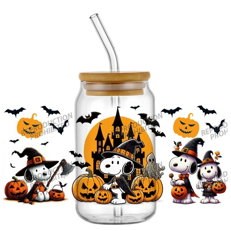 الأشعة فوق البنفسجية DTF نقل ملصق سنوبي سلسلة الهالوين ل 16 أوقية Libbey نظارات يلتف الزجاجات يمكن DIY بها بنفسك الشارات المخصصة للماء