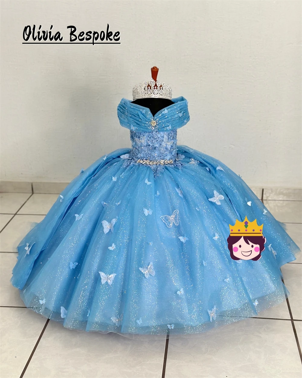 Wonderful Blue Butterfly Appliques Flower Girls Dresses Beaded Crystal Lace-up Ball Gown Off The Shoulder Princess Pageant Dress