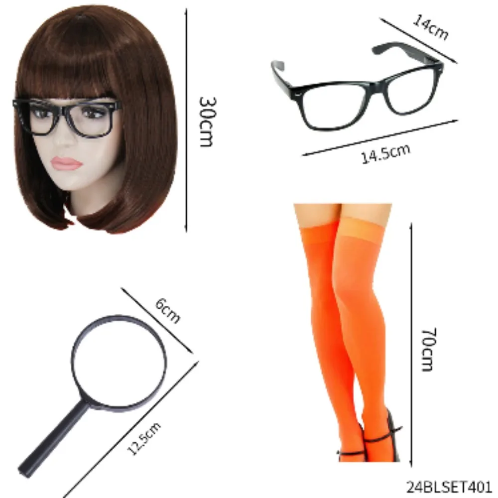 

Halloween Costume Party Wig Glasses Magnifier Orange Socks Set of Four