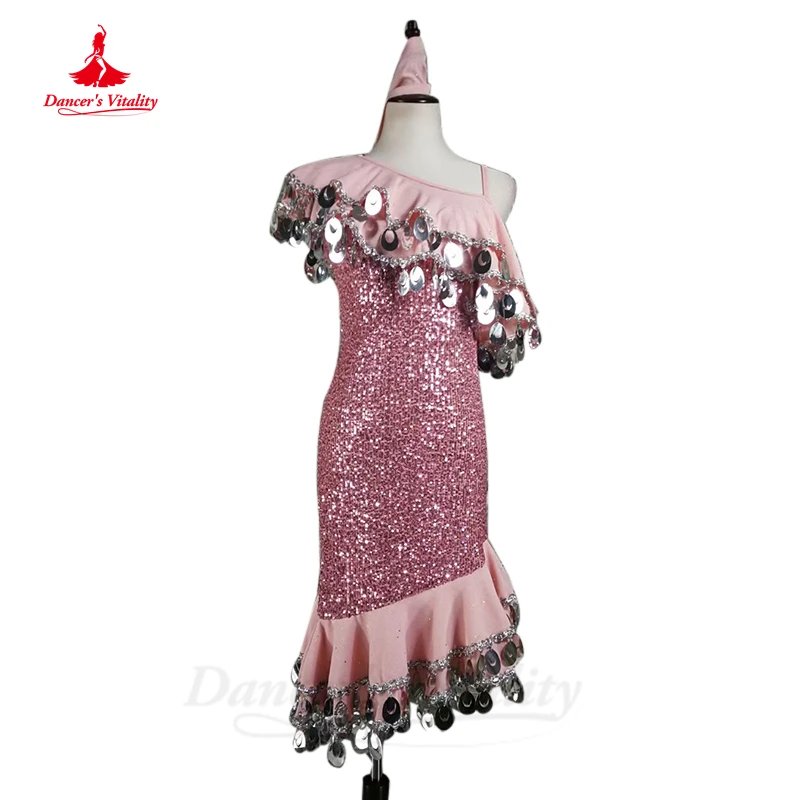 Belly Dance Suit V-neck Top Half Sleeve Short Skirt Set Profession Custom Female Child Adult Sequins Performance Clothing