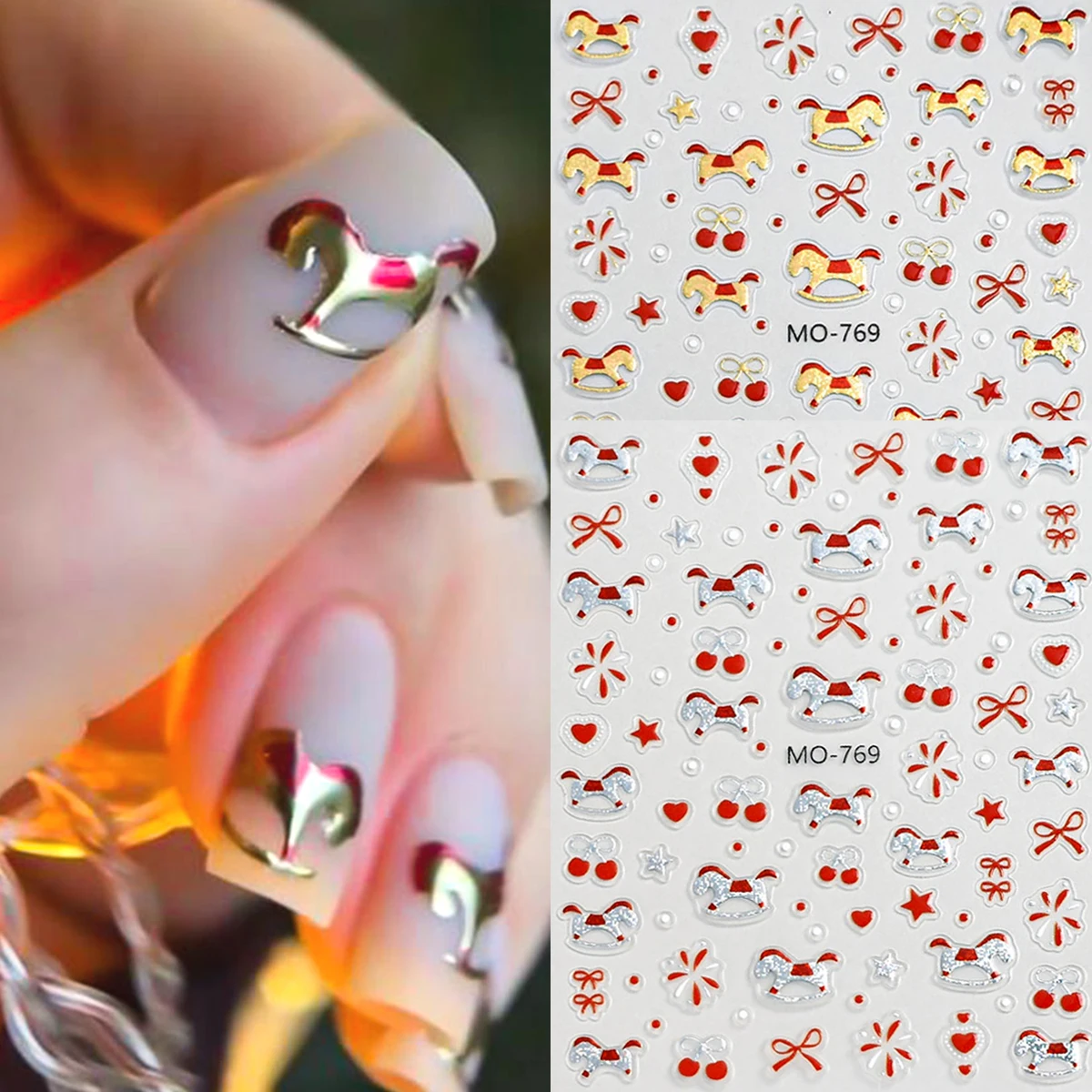 

Lucky Pony nail stickers for the New Year, polka dot, star, and firework nail decals, gold and silver glitter nail decorations.