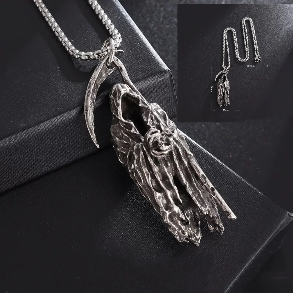 

Death God of Death Domineering Skeleton Scythe Necklace Men's Personality Pendant Birthday Gifts for Friends Halloween