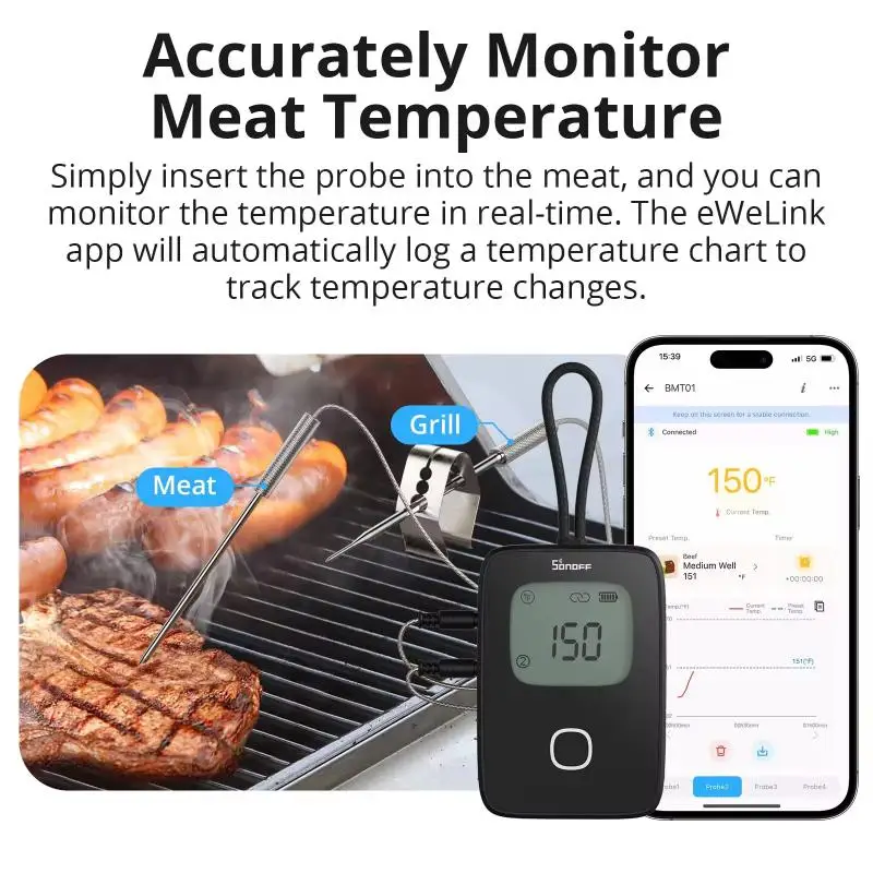 SONOFF BMT01 Smart BBQ Meat Thermometer Wireless Grill Thermometer with App Alerts Real-Time Temperature Chart & Cooking Timer