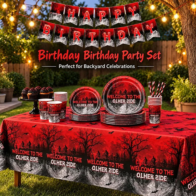 Horror Popular Movie Banner Plate Cups Strangersed Theme for Birthday Party Shower Festival Decorative Packing Supply Celebratio - view 3