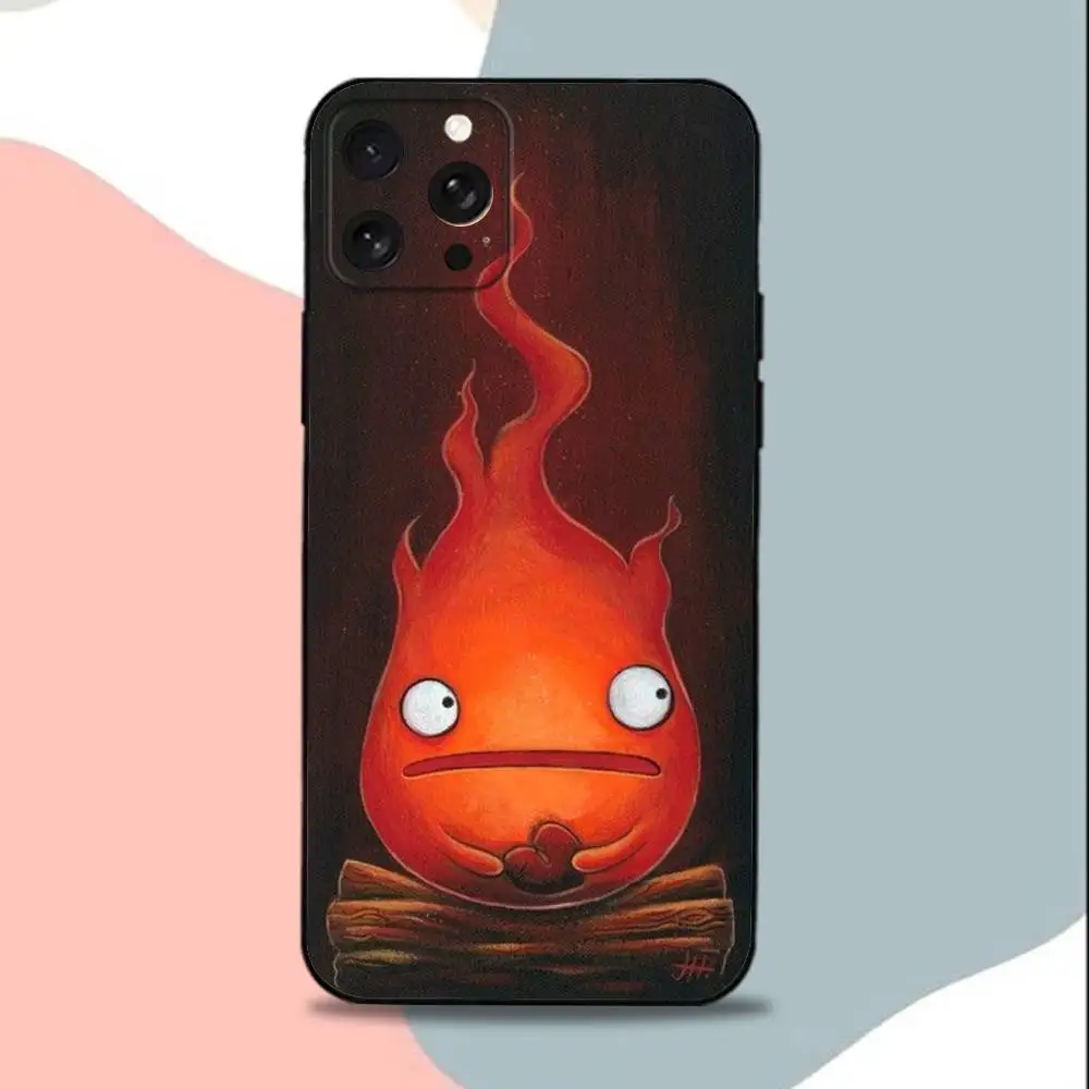 F-Fire C-Calcifer 可愛いスマホケース iPhone 15、13、16、12、11、17、14、Plus、Pro、Max、XS、XR、X、SE、Mini対応 ソフトシリコン製 ブラックカバー