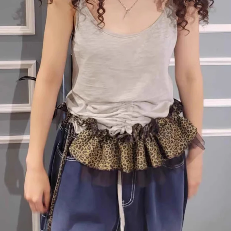 Mode Retro Leopard Print Mesh Gürtel Frauen Chic Spitze Rüschen Layering Taille Rock