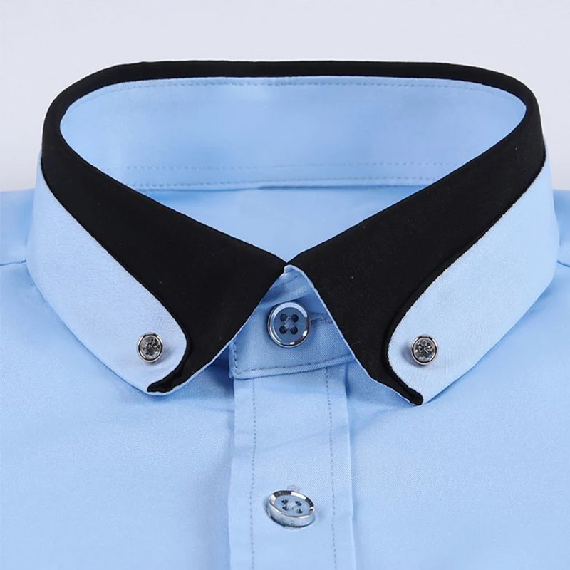 Long-sleeved shirt men\'s double collar elastic business casual Slim solid color breathable