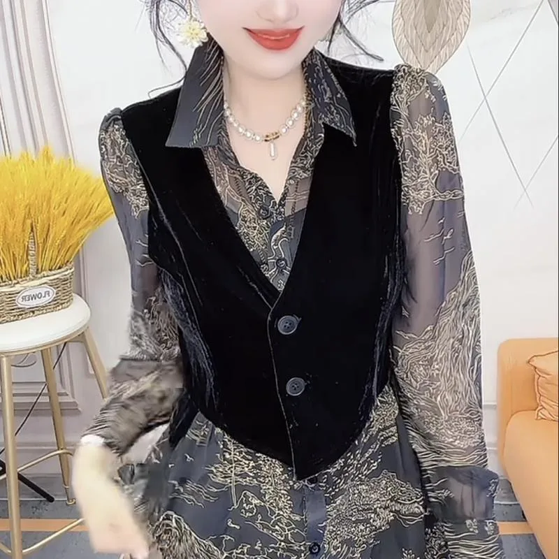 Deux pièces mode Vintage Patchwork Blouses tout-match chemise femmes 2025 chemises et chemisiers à manches longues Blusas De Mujer