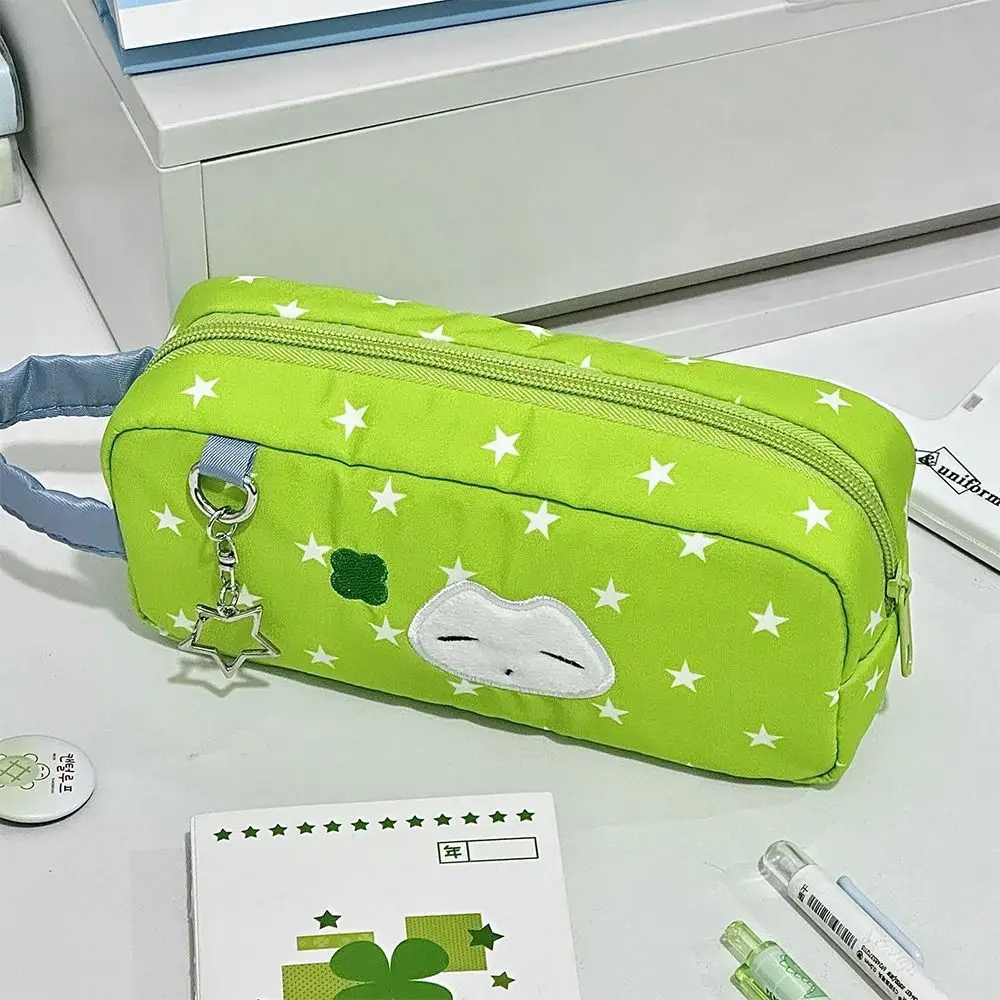 

Durable Green Pen Bag Large Capacity Star Clover Kitten Pattern Pencil Case Portable Handheld Stationery Storing Bag Students