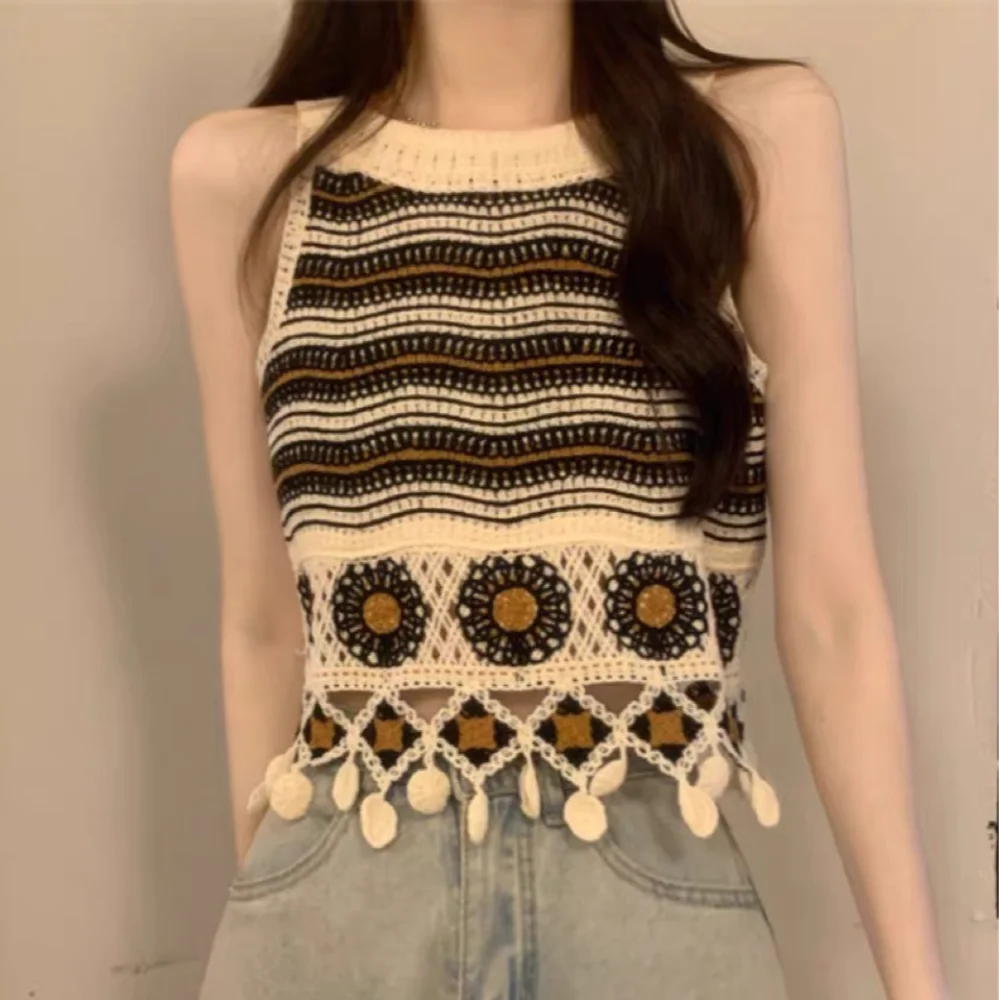Cotton National Style Knitted Tank Top Striped Hollow Small Vest Sleeveless Vintage Short Sleeves Women