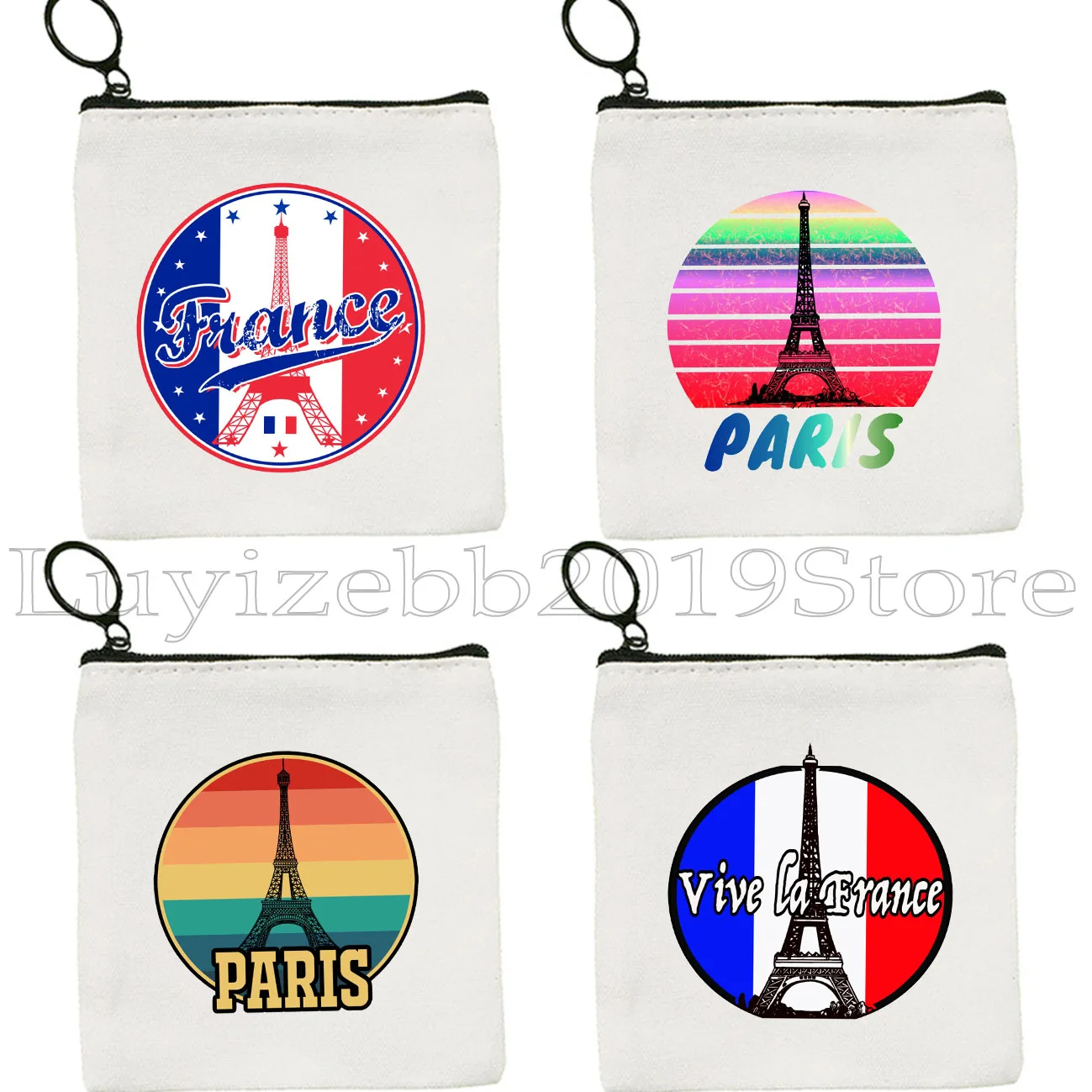 

Rainbow Pop France Eiffel Tower Retro Sunset Paris Cute Gift Love Heart Canvas Coin Purse Key Case Small Bag Wallet Zipper Pouch