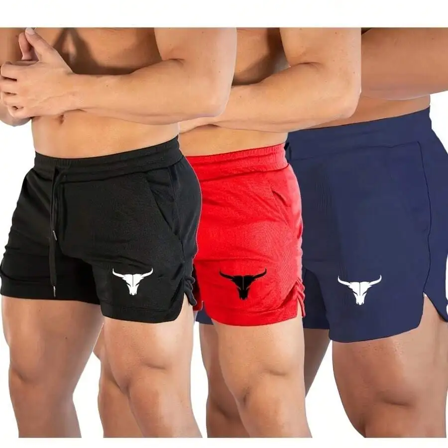 

Mens Sports Shorts 3pcs Set Cow Head Print Drawstring Waist Side Pockets Breathable For Running Fitness Casual Beach