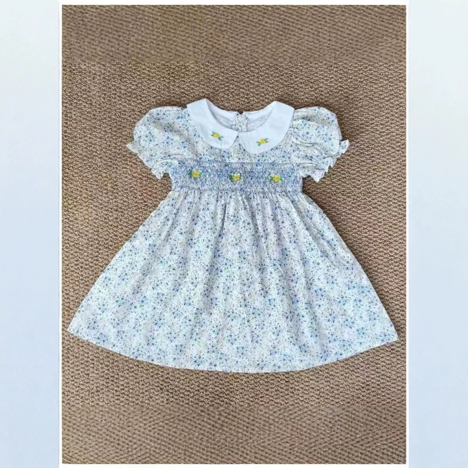 Korean-style Instagram Trendy Summer Girls' Vintage Short-sleeved Pinafore Print Dress with Blue Floral Patterns