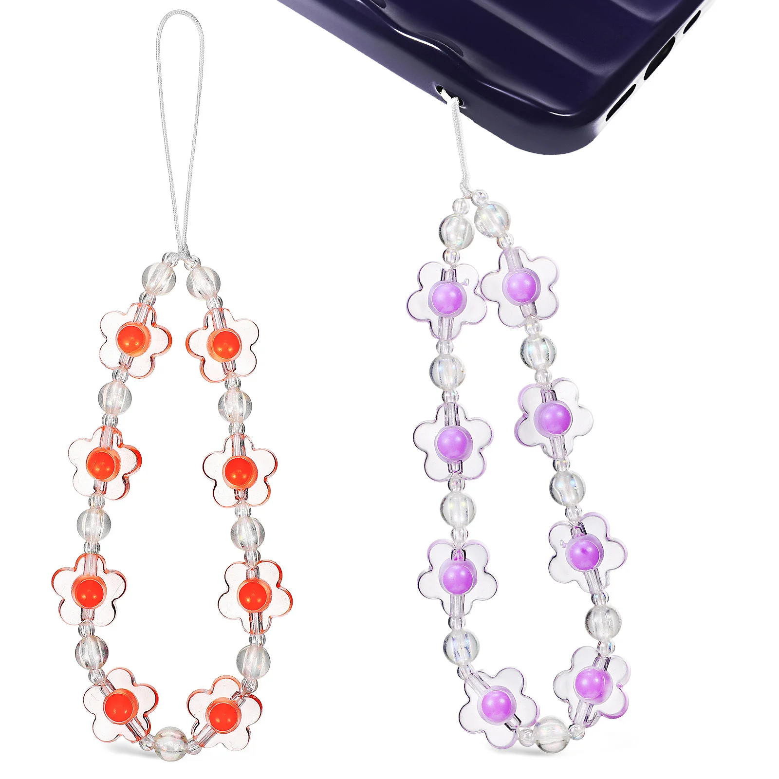 2 Pcs Ornament Mobile Phone Chain Lanyard Purple Flower Pink Beads Plastic Hanging Wrist