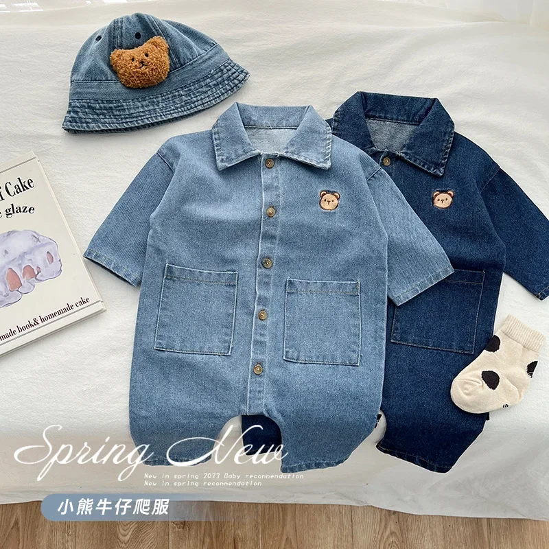 Baju monyet bayi laki-laki perempuan, jumpsuit Denim pakaian untuk bayi dan bayi baru lahir Super lucu luar ruangan pakaian merangkak