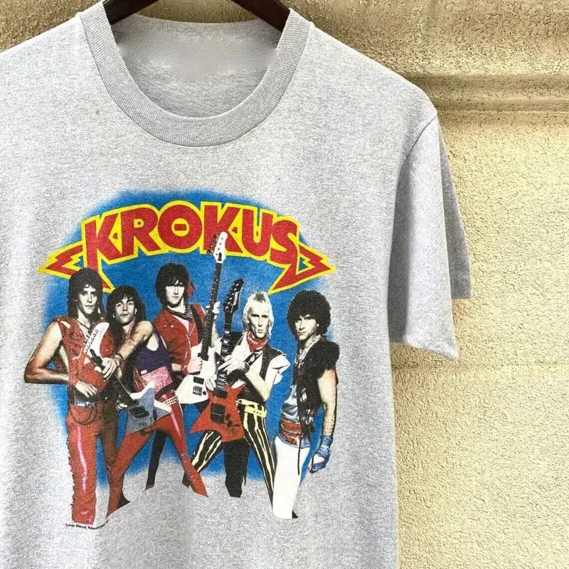 Camiseta Vtg Krokus Band de algodão pesado, cinza esportivo, tamanho completo