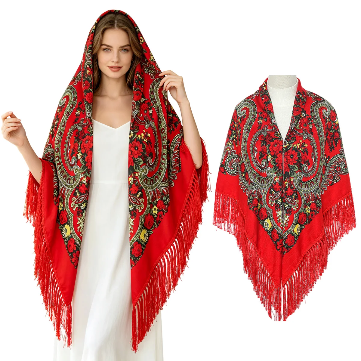 130cm New Russian Square Scarf for Woman Warm Tassel Shawls Floral Print Sunscreen Handkerchief Wraps Babushka Bandana Blankets view 4