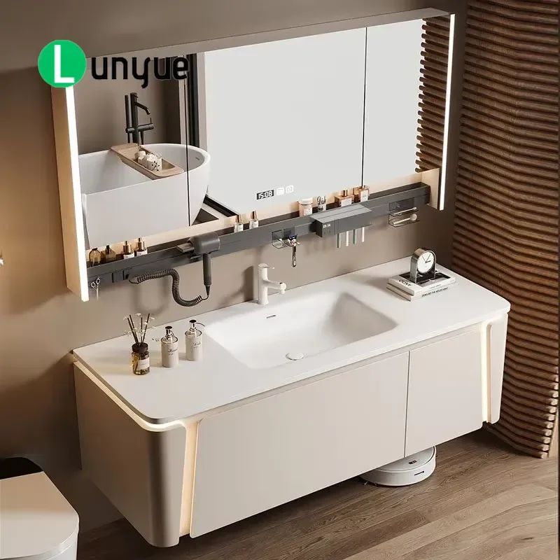 Modern Bathroom Vanity Combo with Integrated Basin Oak Baking Varnish Finish Washstand Custom Available for Home Hotel Use