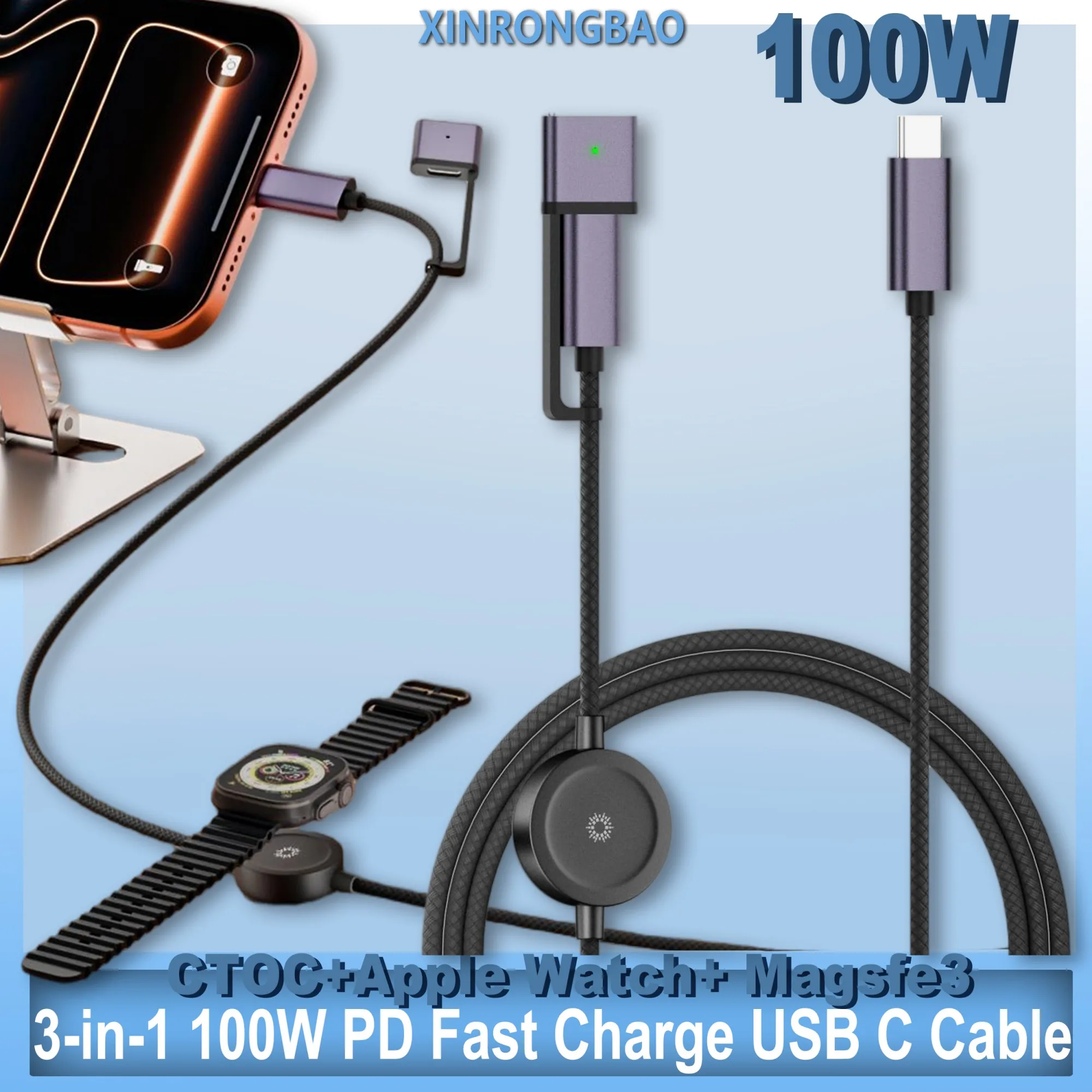 3-in-1 100W PD Fast Charge USB C Cable, MagSafe 3+Apple Watch Charger, Nylon Braided for iPhone18 17 MacBook Pro 480Mbps adapter