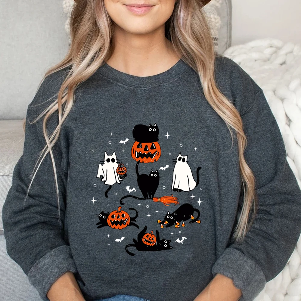 Cute Halloween Ghost Boo Cat Sweatshirt Halloween Cat Shirt Halloween Pumpkin Cat Sweater Autumn Long Sleeves Sweatshirt