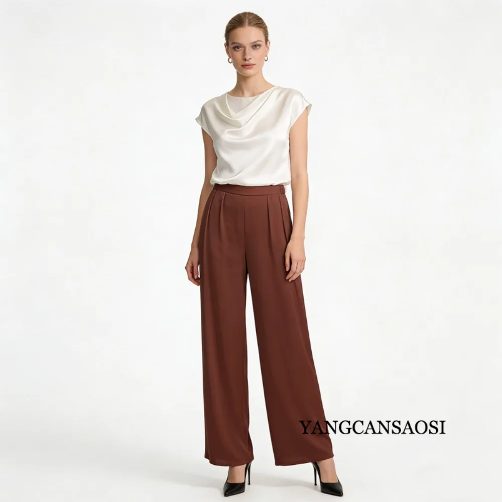 Women's Clothing Light Luxury High-end 95% Natural Mulberry Silk Elastic Satin Pocket Design Elastic Waist Straight Leg Pants