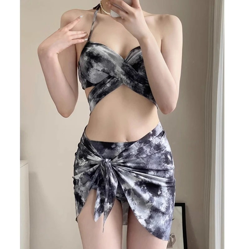 3PCS Women Two Pieces Swimsuit Halterneck Swimming Costume with Swimsuit Wrap Skirt, Halterneck Top and Low Waist Briefs