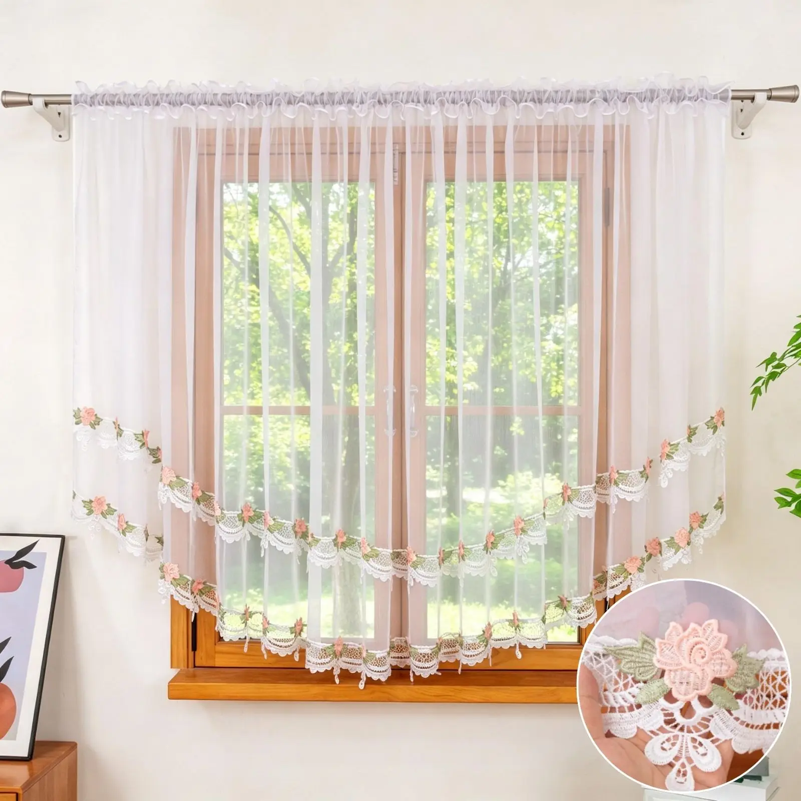 1PC Floral Embroidered Sheer Curtain, Lace Trim Semi-Transparent Drape for Living Room, Bedroom, Sweet Housewarming Gift
